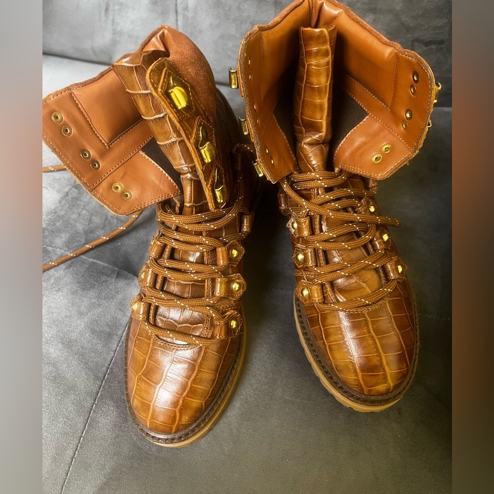 brown embossed croc combat boots